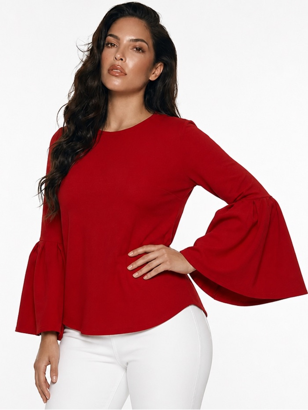 Zara woman top blouse red with blousy sleeve detail size large L‎ rounded neck
